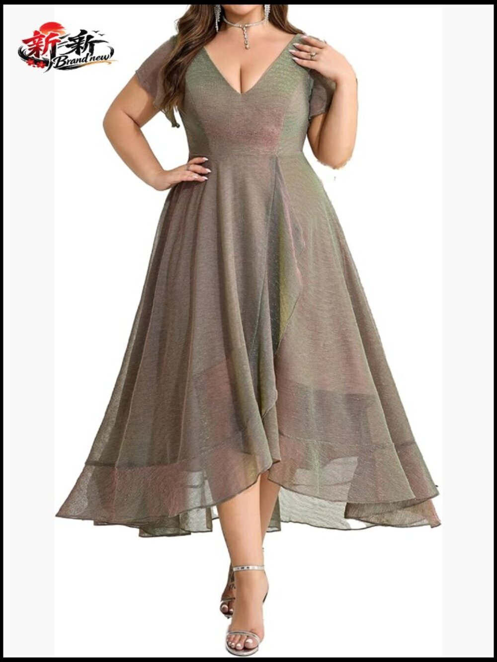 Plus Size V Neck Irregular Hem Midi Dress Polyester